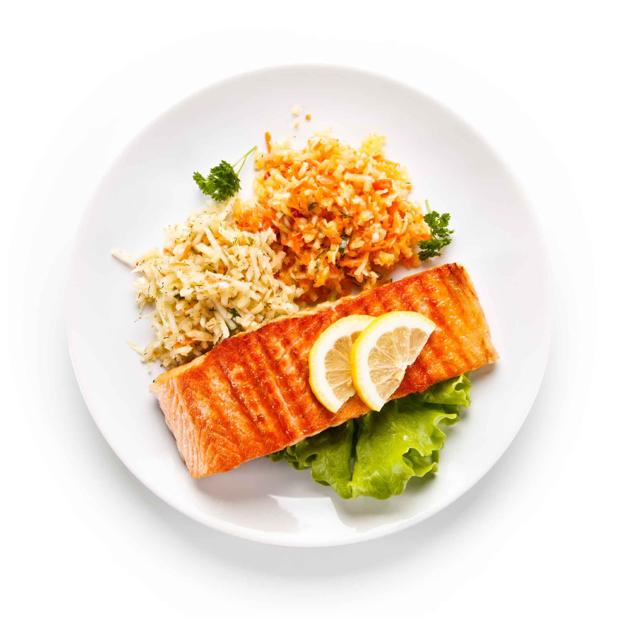 Grilled salmon on a bed of lettuce and rice